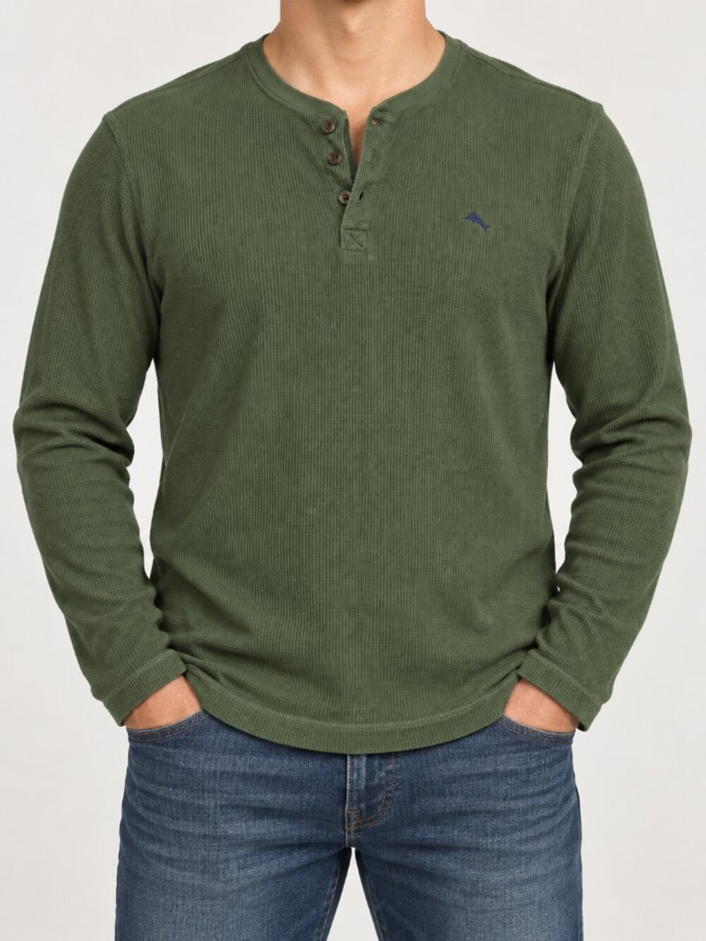 Tommy Bahama Olive Green Waffle Knit Henley Shirt Men’s M